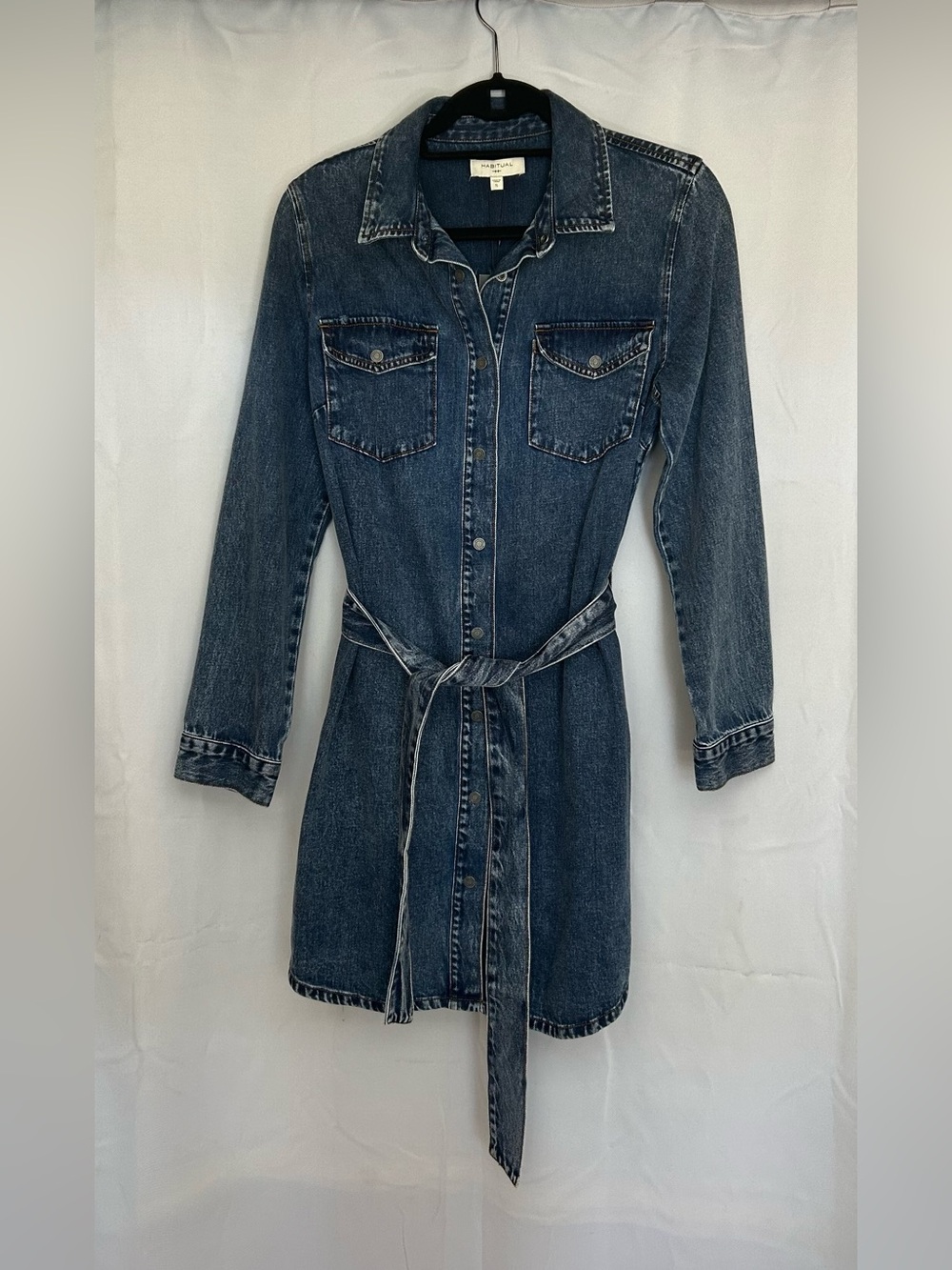NWT Habitual Denim Long Sleeve Button Dress Tie Waist Size Small 100% Cotton